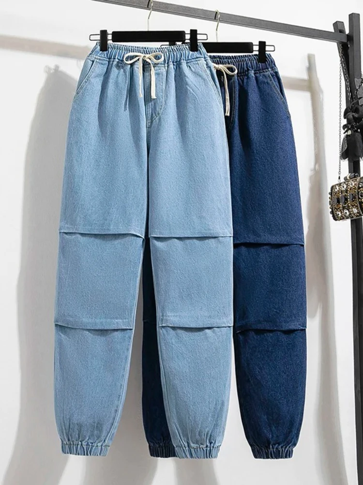 

2025 Summer Women Plus Size Jeans Drawstring Elastic Waisted Harun Jeans Vintage Washed Cotton Oversized Trousers Y2k Pants