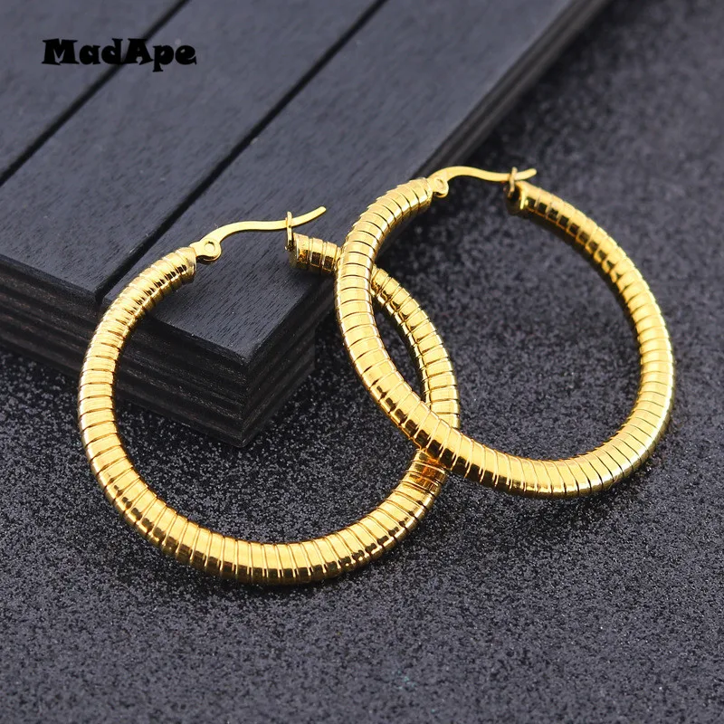 MadApe 2019 New Arrival Trendy Hoop Earrings Round Stainless Steel Earrings Hoop 30/40/50mm Gold Earrings Anti Allergy