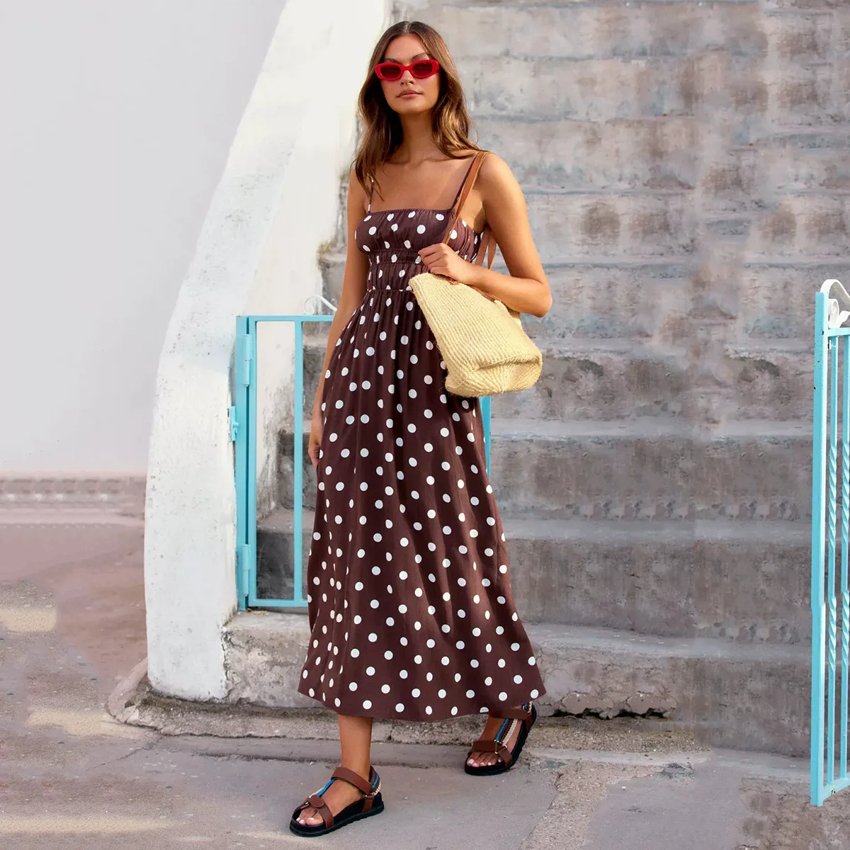 2025 Summer French Vacation Style Sleeveless Beach Dress Mid Calf Contrast Color