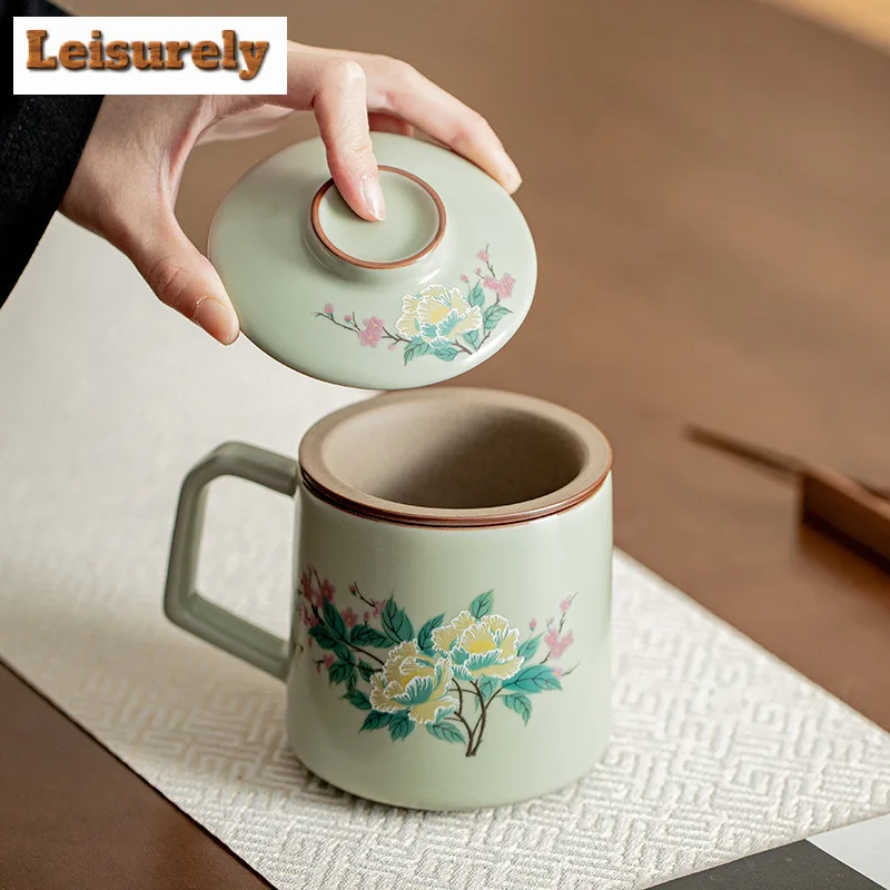 400ml Exquisite Pea Green Ru Kiln Porcelain Work Office Mug Hibiscus Mutabilis Filter Tea Separator Cup Personal Cups Gift Box