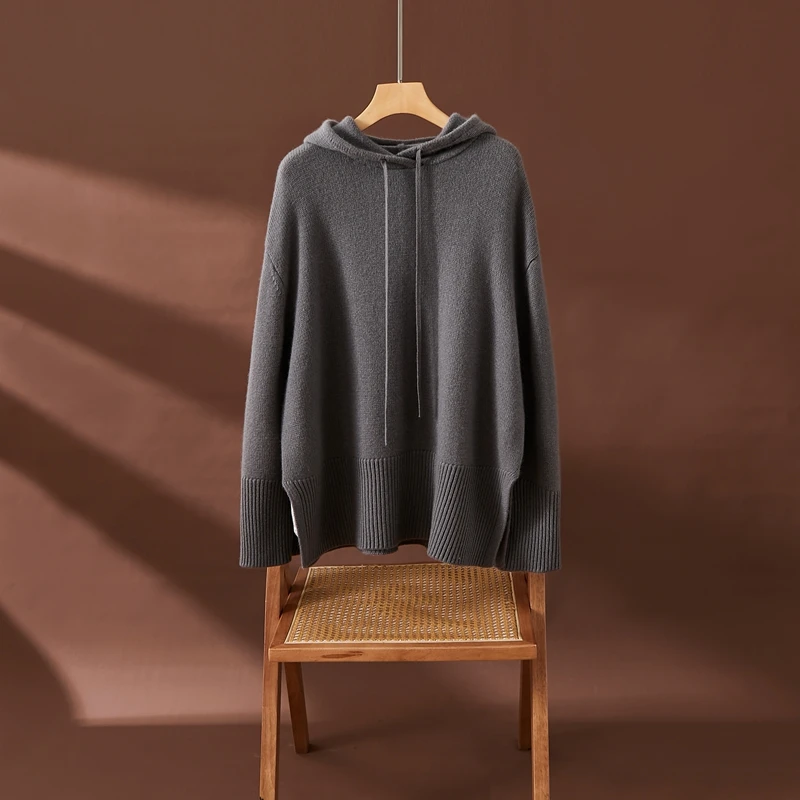 Aliselect Women 100% Cashmere Sweater Hooded Pullover Long Sleeve Casual Loose Style Autumn Winter Cashmere Knitwear Korean Tops