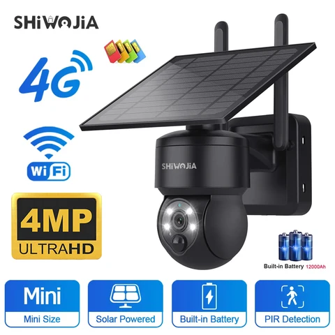 SHIWOJIA-Câmera Solar PTZ sem fio, WiFi, 4G SIM, 4MP, Painel Solar ao ar livre, Áudio Bidirecional, Proteção de Segurança, Câmera CCTV, Câmera de Bateria