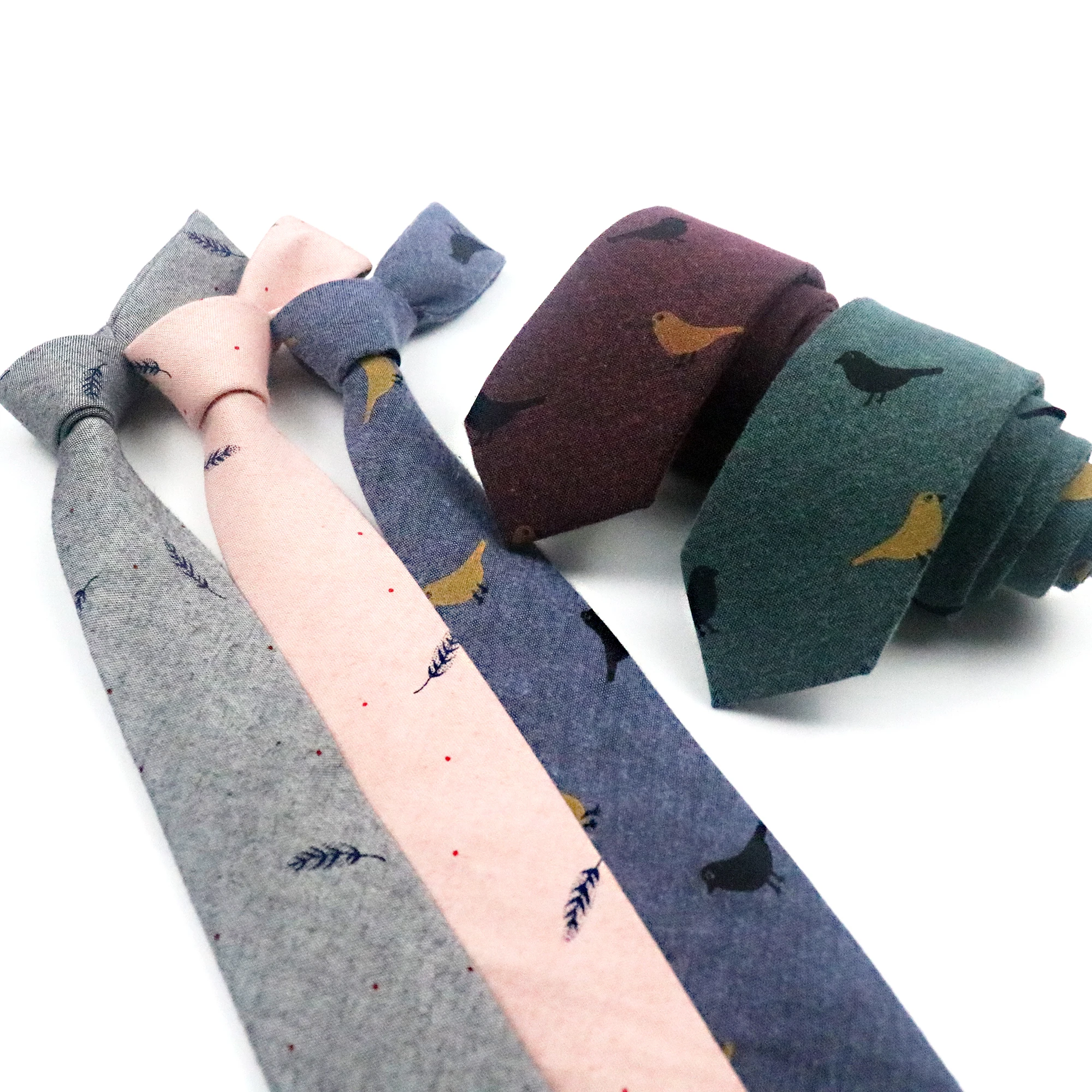 

Skinny Cartoon Ties For Men Cotton Birds Feather Printed Necktie Weeding Party Handmade Soft Corbatas Cravat Fashion Neckwear