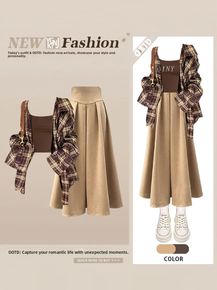 

Retro American Plaid Long Sve irt Women's Loose Vest Top Khaki f Skirt Set Casual Sle Autumn Faion Ensemble
