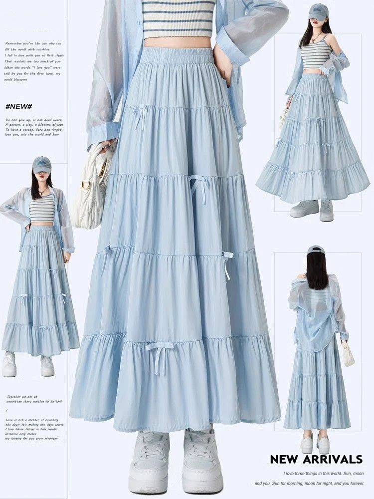 

Elegant Sweet Bow Long Skirts Women Spring Summer Elastic High Waist Solid Umbrella Skirt Fairy Style Slimming A-Line Skirt