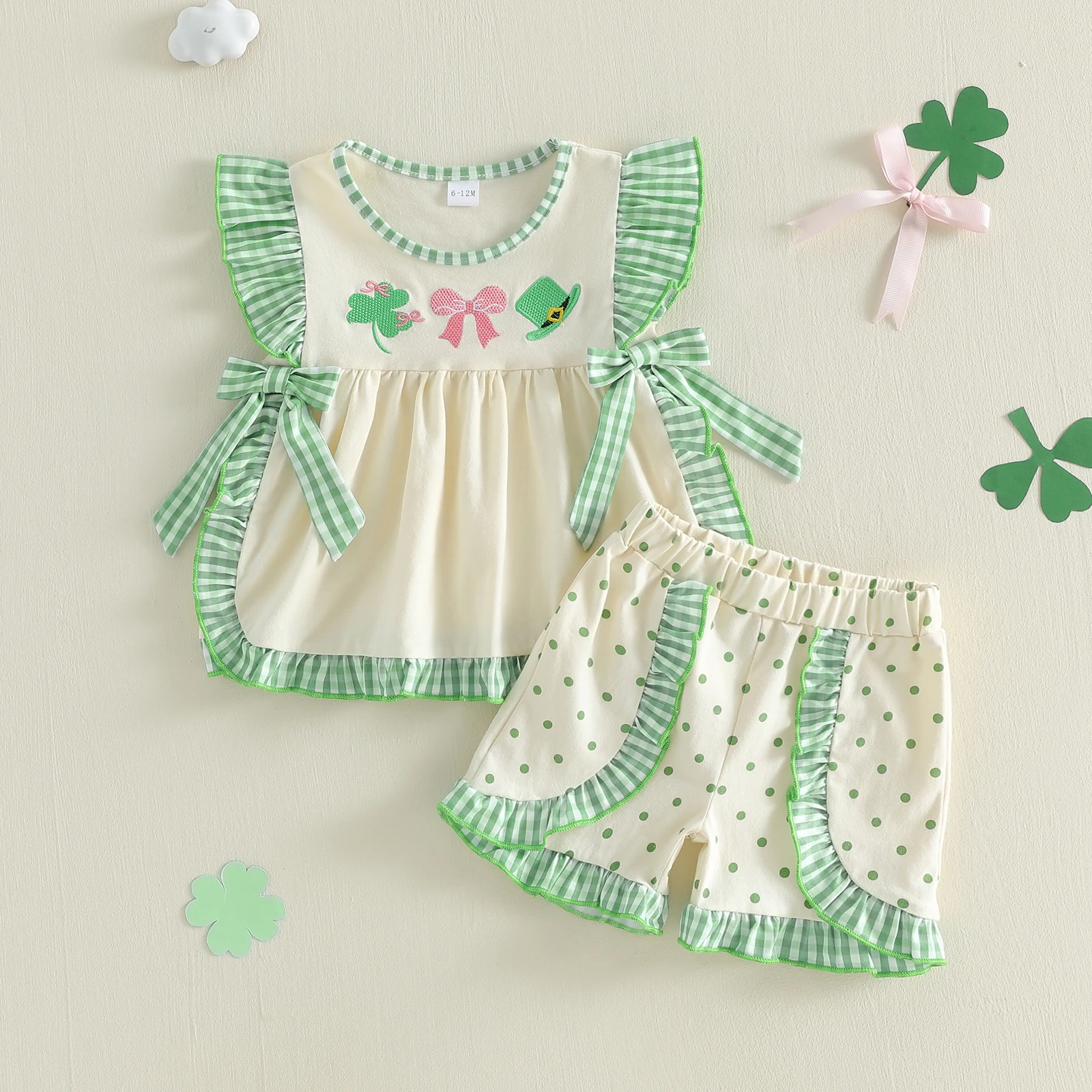 2Pcs Toddler Girls Irish Outfit Summer Flying Sleeve Crew Neck Shamrock Bow Embroidery Tops and Elastic Waist Shorts Set