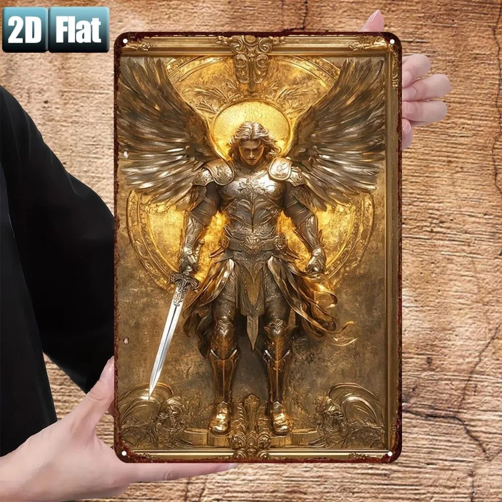 Divine Warrior Light Angel Guardian Metal Tin Sign, 8x12 Inch 2D Flat Wall Art for Room Bar Garage Door Decor