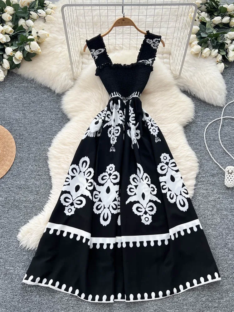 เอเล ยูโรเปียน คอร์ท เอสเล่ ลายดอกไม้ สายรัด Dr ผู้หญิง ฤดูร้อน หูไม้ เอวกระชับสัดส่วน เก๋ หรูหรา เลดี้ ลอง Dr