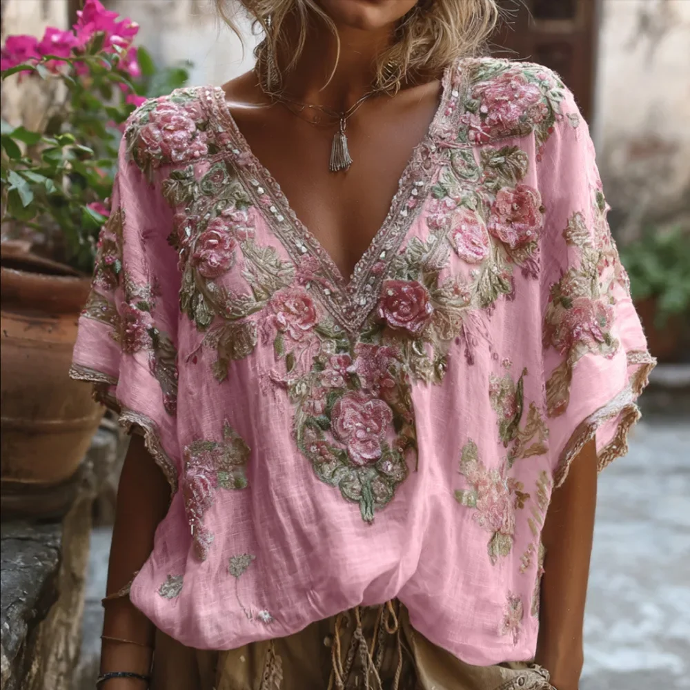 2026 New Summer Women's V-neck T-shirt Floral Print Pastoral Fashion Simple Pullover Half-sleeved Basic Top for Female
