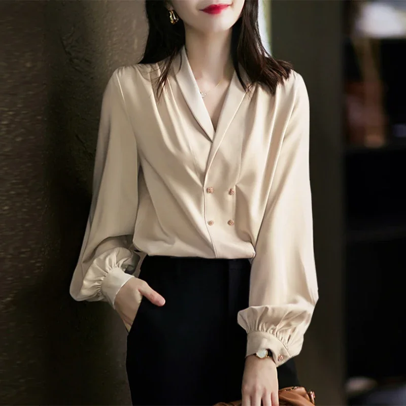 

Women Satin Silk Blouse Sexy Elegant Solid V-Neck Shirt 2023 Autumn Long Lantern Sleeve Tops Fashion Office Buttons Blusa