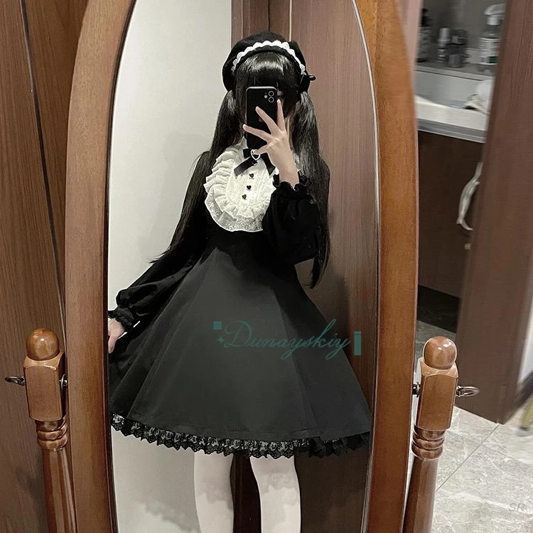 

Y2k черное готическое платье Лолиты в стиле ретро с кружевным бантом и длинным рукавом, женская элегантная юбка, карнавальный наряд на Хэллоуин