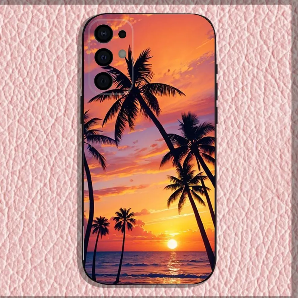 Casing Ponsel Pohon Kelapa untuk Samsung S25,S24,S21,S22,S23,S30,Ultra,S20,Plus,Fe,Lite,Note,10,9,5G Sampul Hitam