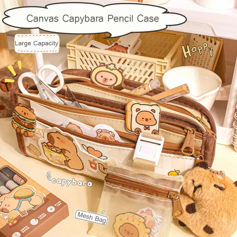 Canvas Capybara Pencil Case New Portable with Mesh Coin Bag Lightweight Pencil Box Large Capacity Pen Bag