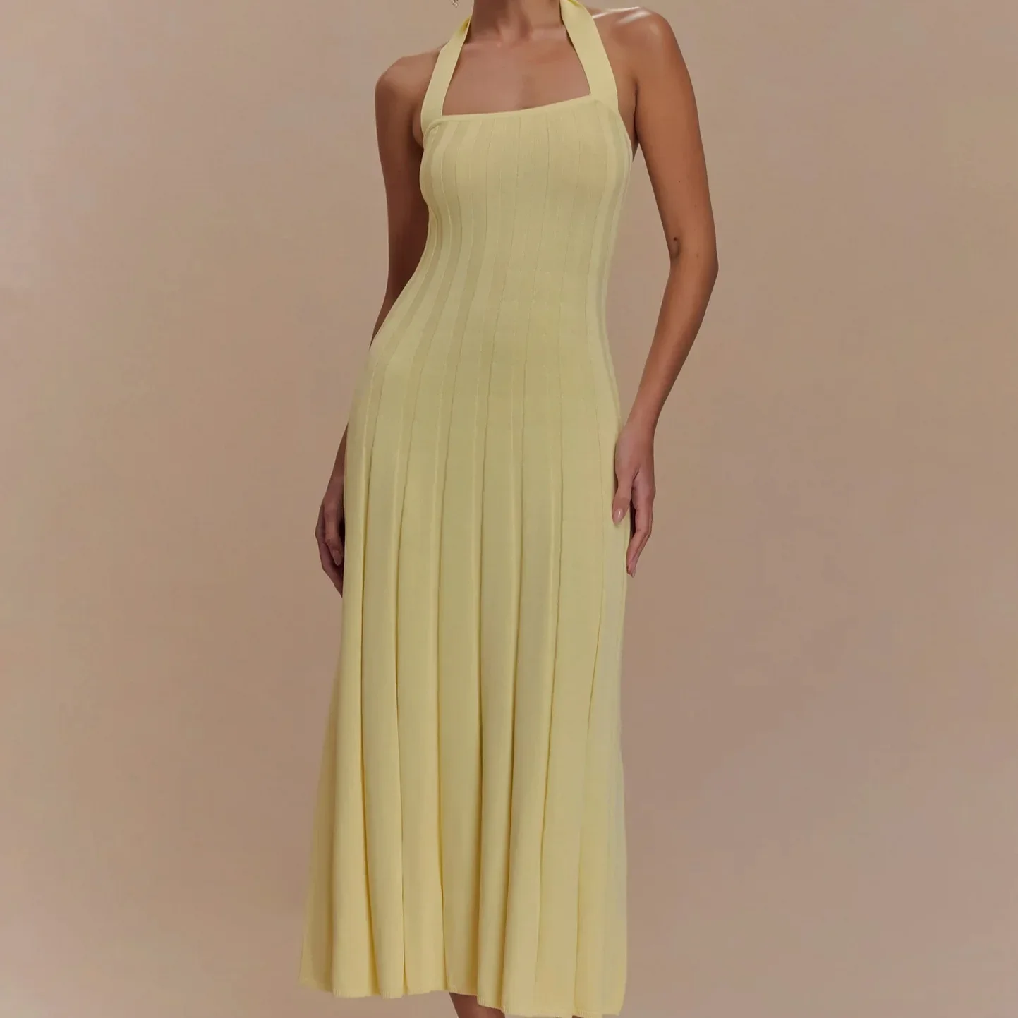 2025 New Women's Solid Color Pit Strips Hanging Neck Straps Casual Style Long Dress