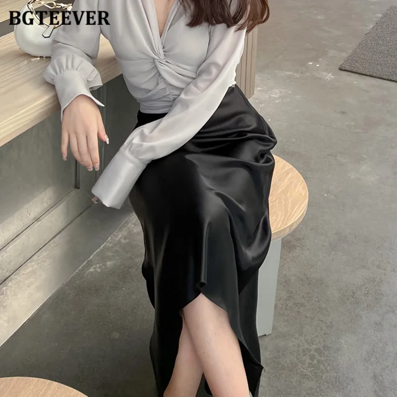 BGTEEVER élégant côté fendu femmes jupes en Satin élégant taille haute dames paquet jupes de hanche printemps été