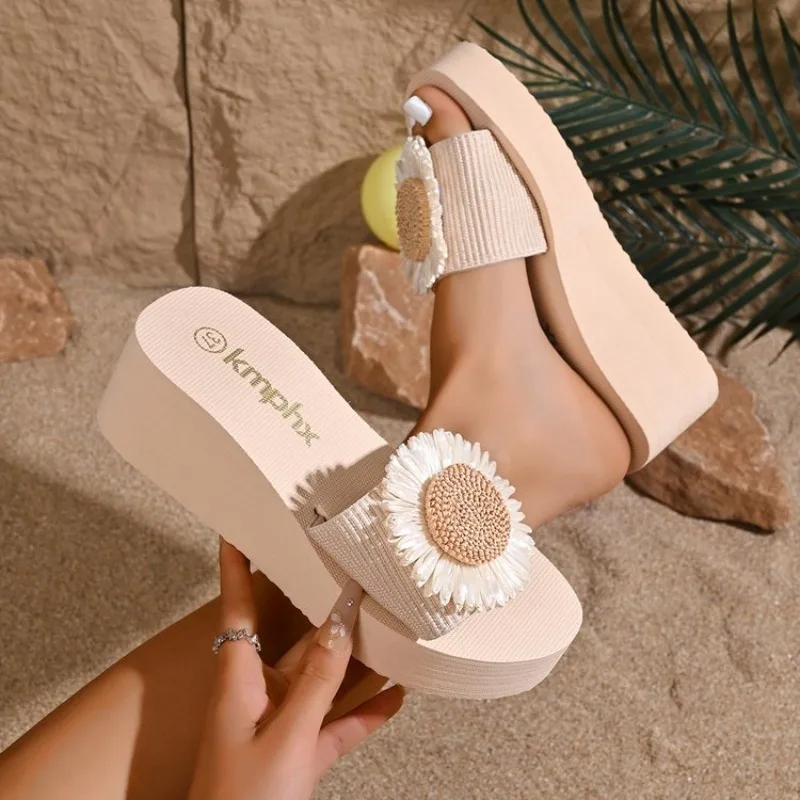 Womens Wedges Open Toe Wedge Heel Slip on Textured Upper Floral Sunflower Decor Casual Summer Vacation Beach Slides Sandals 2026