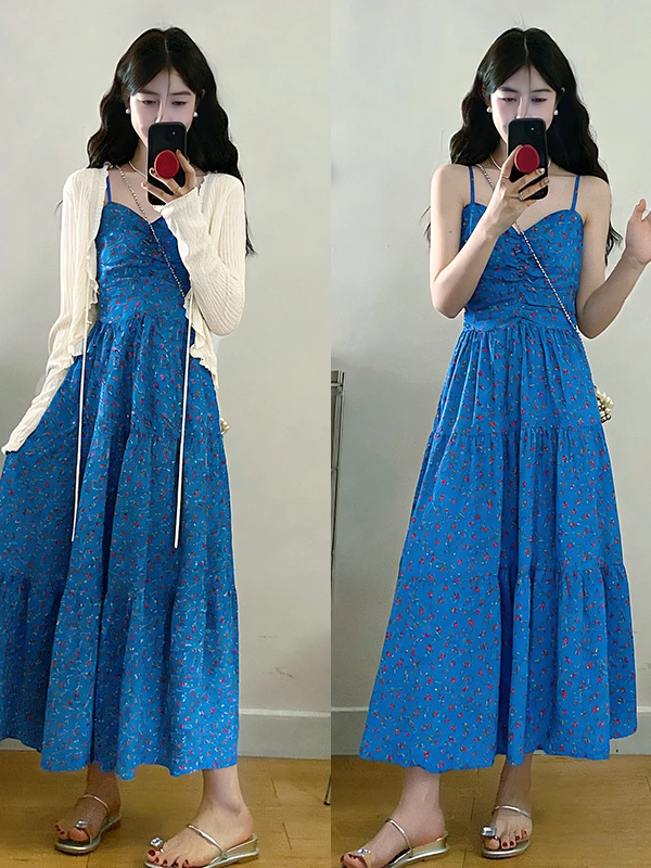 

Elegant Blue Floral Print Halter Dress And Knitted Cardigan Two-Piece Set for Women Summer Sun Protection Fashion Ensemble