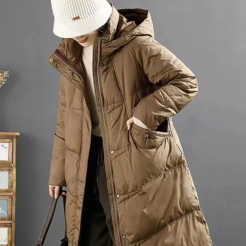 2023 neue Frauen Daunen jacke Wintermantel weiß mittellange Parkas Kapuze Outwear große Baggy Taschen Mantel