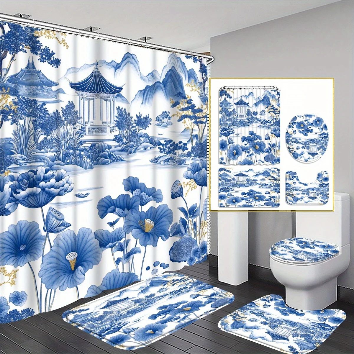 

4pc Blue and white porcelain patterned bathroom set, including shower curtain, U-shaped floor mat, non-slip mat, and toilet seat