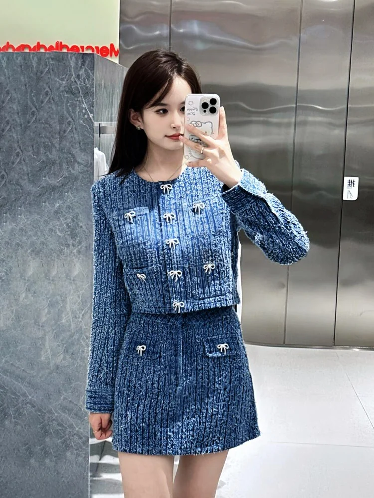 Zestaw: spódnica z wysokim stanem, ozdobiona diamentami, w stylu retro, modny, nowy model na jesień, damski garnitur.