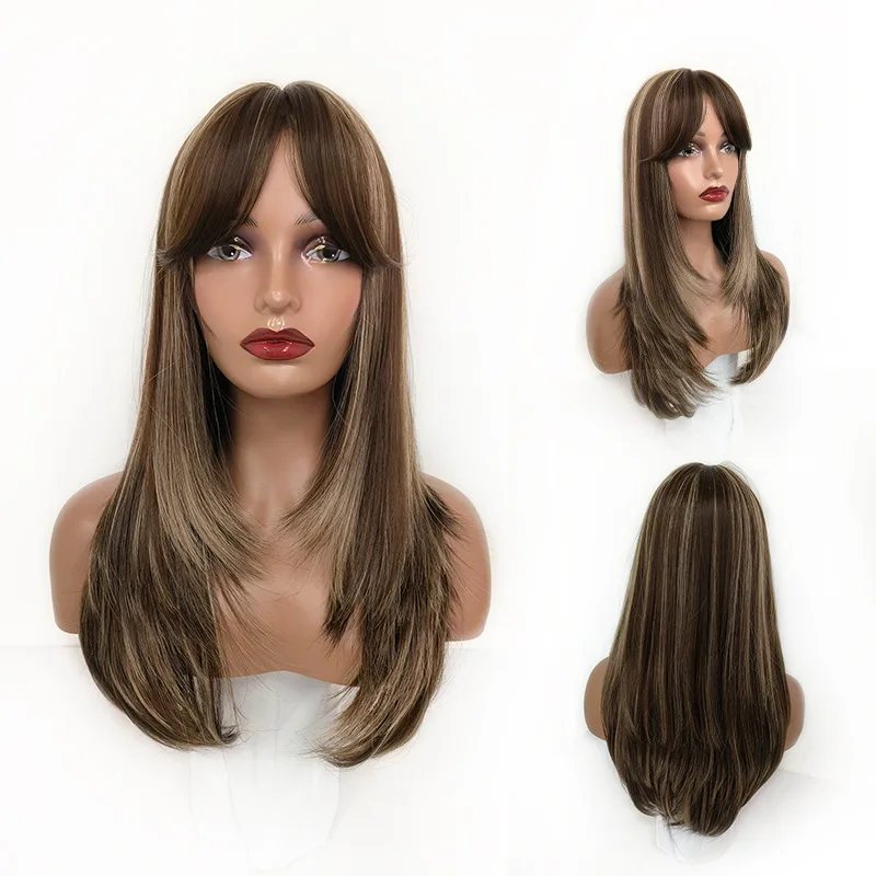 

Simulated scalp highlights, women's wig, trimmed face, long straight hair, wig head cover, chemical fiber hair cover.