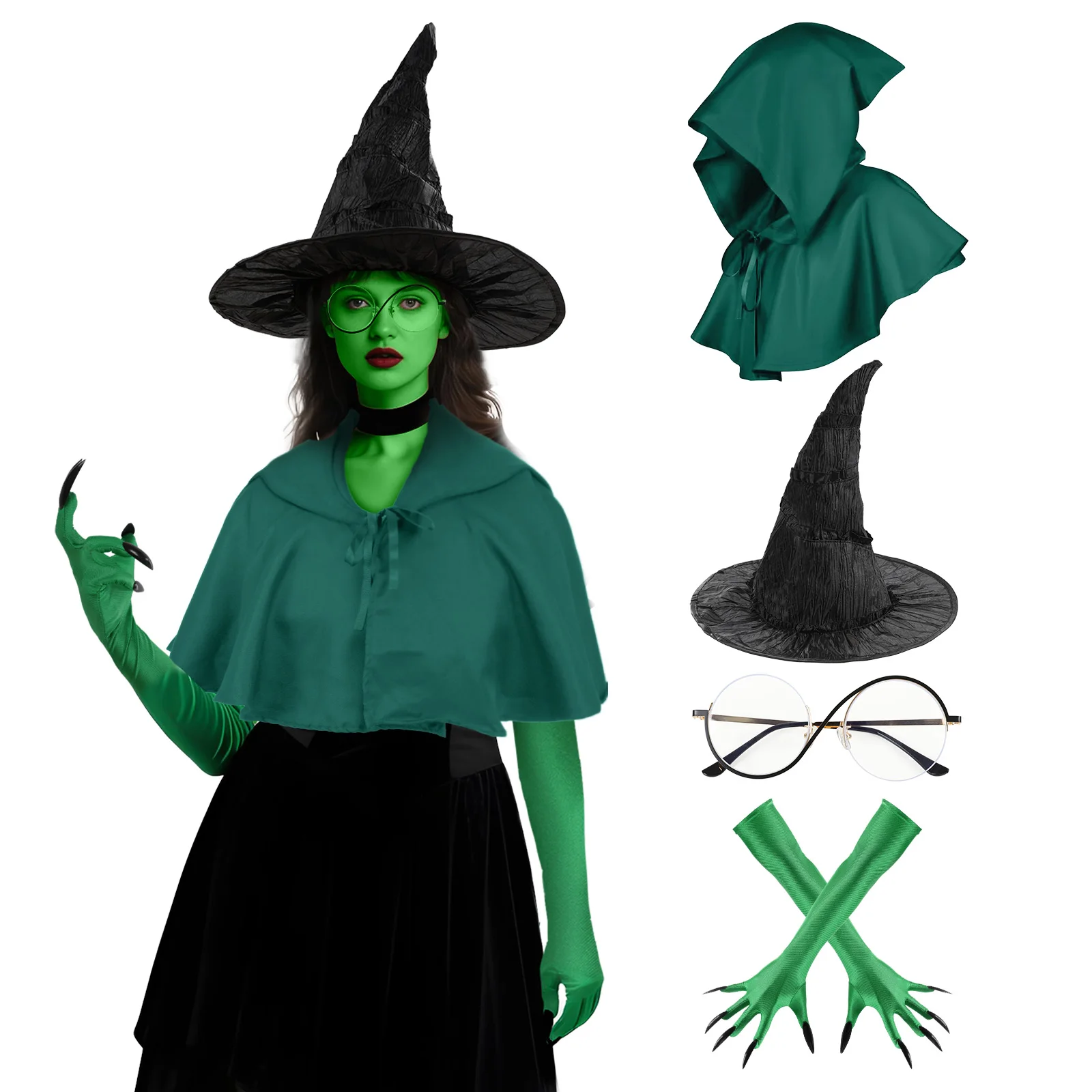 Wicked Witch Costume Accessories Elphaba Costume Witch Hat Green Claw Gloves Glasses Cloak Halloween Cosplay Props