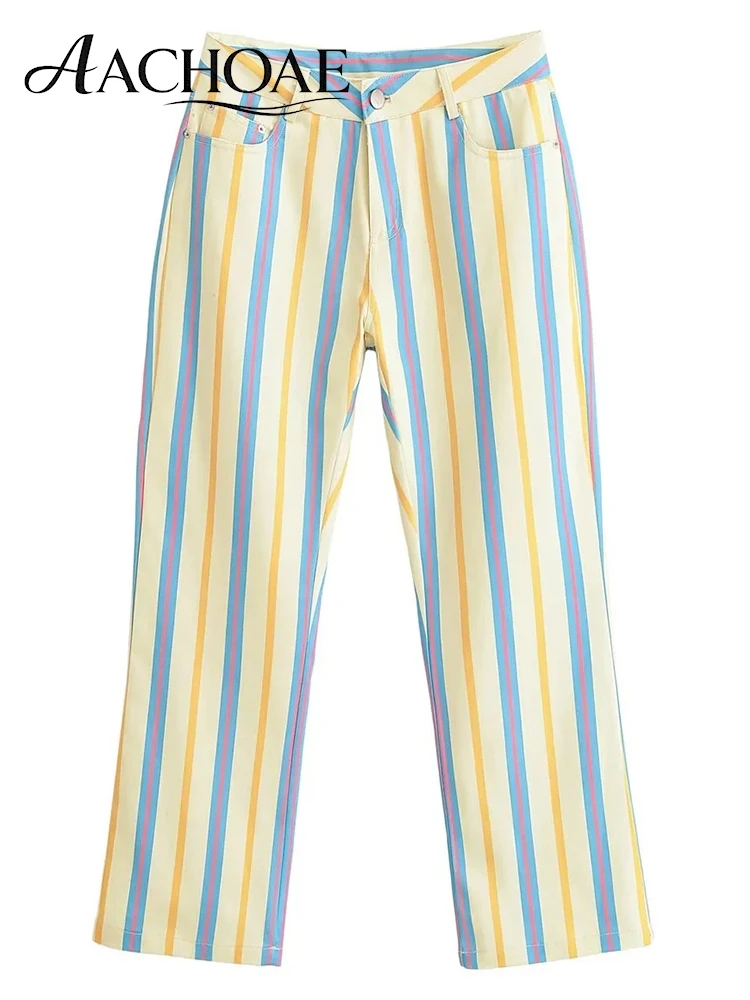 AACHOAE Women Stripe Straight Leg Pants Vintage Colorful Denim Trousers High Waist Loose Casual Retro Streetwear Fashion Pants