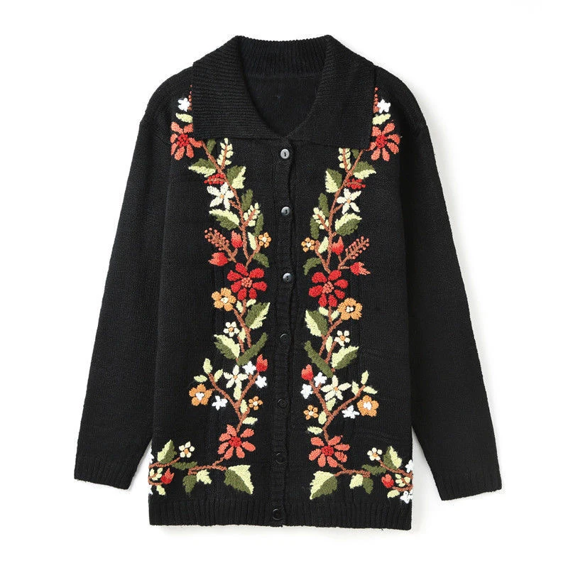 

Floral Embroidery Female Cardigan Autumn Spring Knitted Sweaters Women Fashion Long Sleeve Tops Single Breasted Cardigans Women