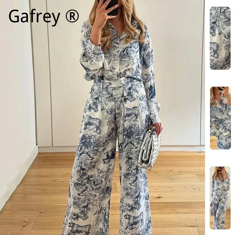 

Женский повседневный комплект из двух предметов с принтом: модная рубашка с длинным рукавом и брюки, свободный крой, весенний образ для женщин