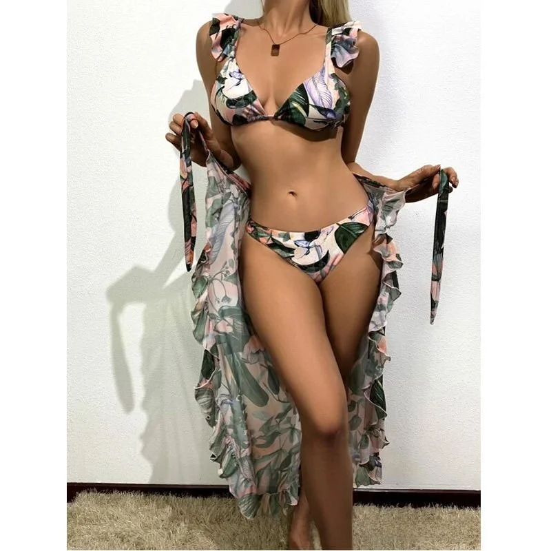 

Sexy Three-Piece Bikini Swimwear Ruffle Tie Apron Tie-Dye Sleeveless Fitness Beachwear for Teenage Girls Professional Training