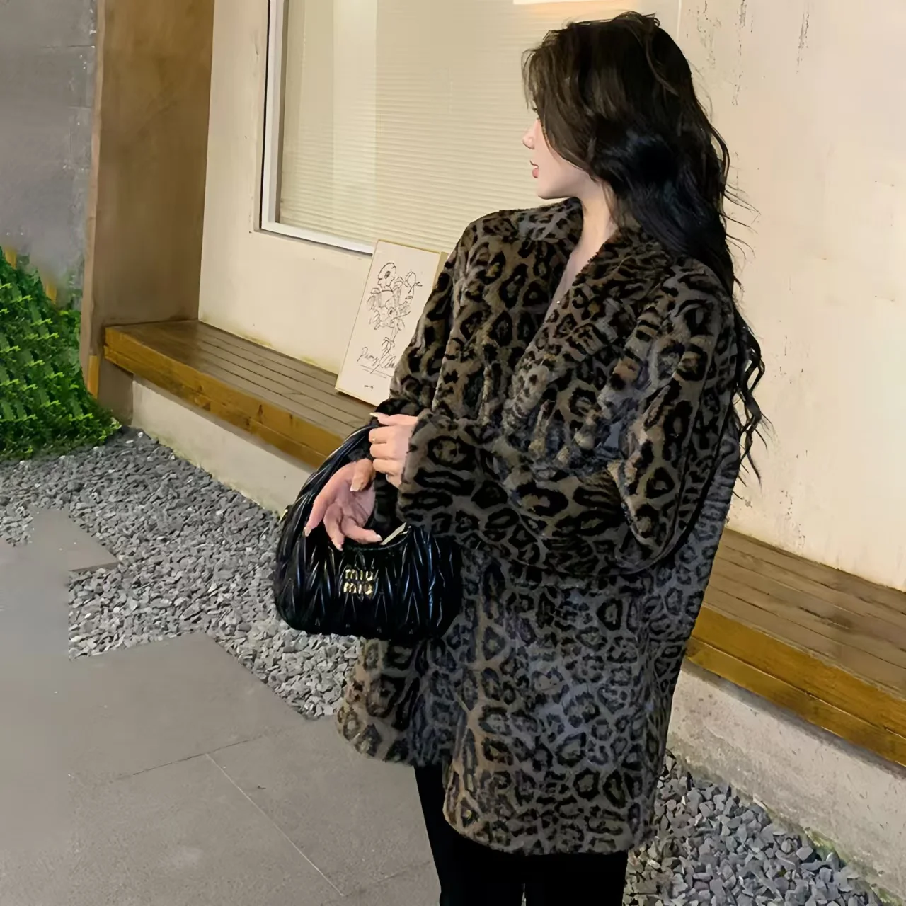 Faux Mink Fur Coat for Women,Double Breasted Jacket,Thick Warm Clothes,Leopard Print,England Style,Autumn and Winter, 2024