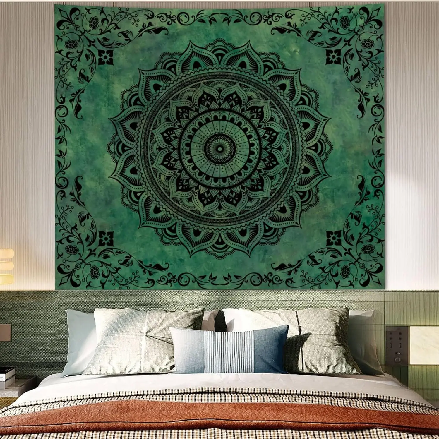 

Зеленый гобелен в стиле хиппи с мандалой для эстетической спальни, художественный декор в стиле бохо, фоновые гобелены, богемный цветочный настенный гобелен