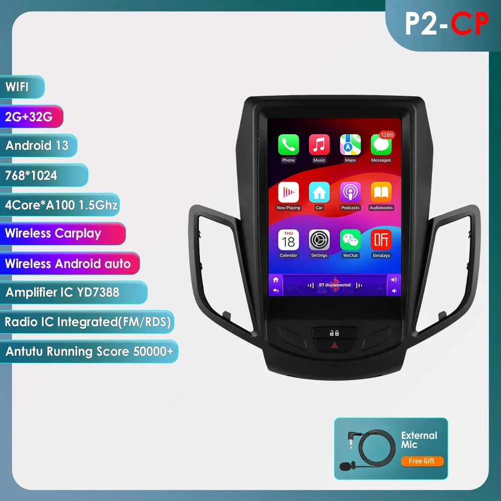 Hizpo 2 Din autoradio voor Ford Fiesta MK7 2009-2016, multimediaspeler met CarPlay, Android Auto, GPS, BT, WIFI, FM, RDS, AI.