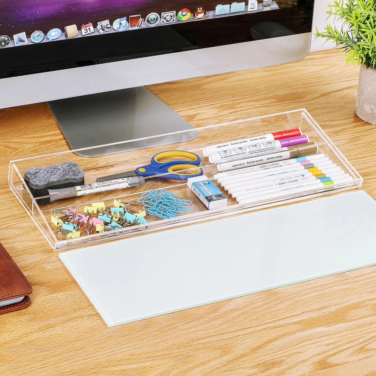 Desktop Whiteboard Organizer - Glass Dry Erase Board with Storage Drawer - Ideal for Office, Home, School Supplies