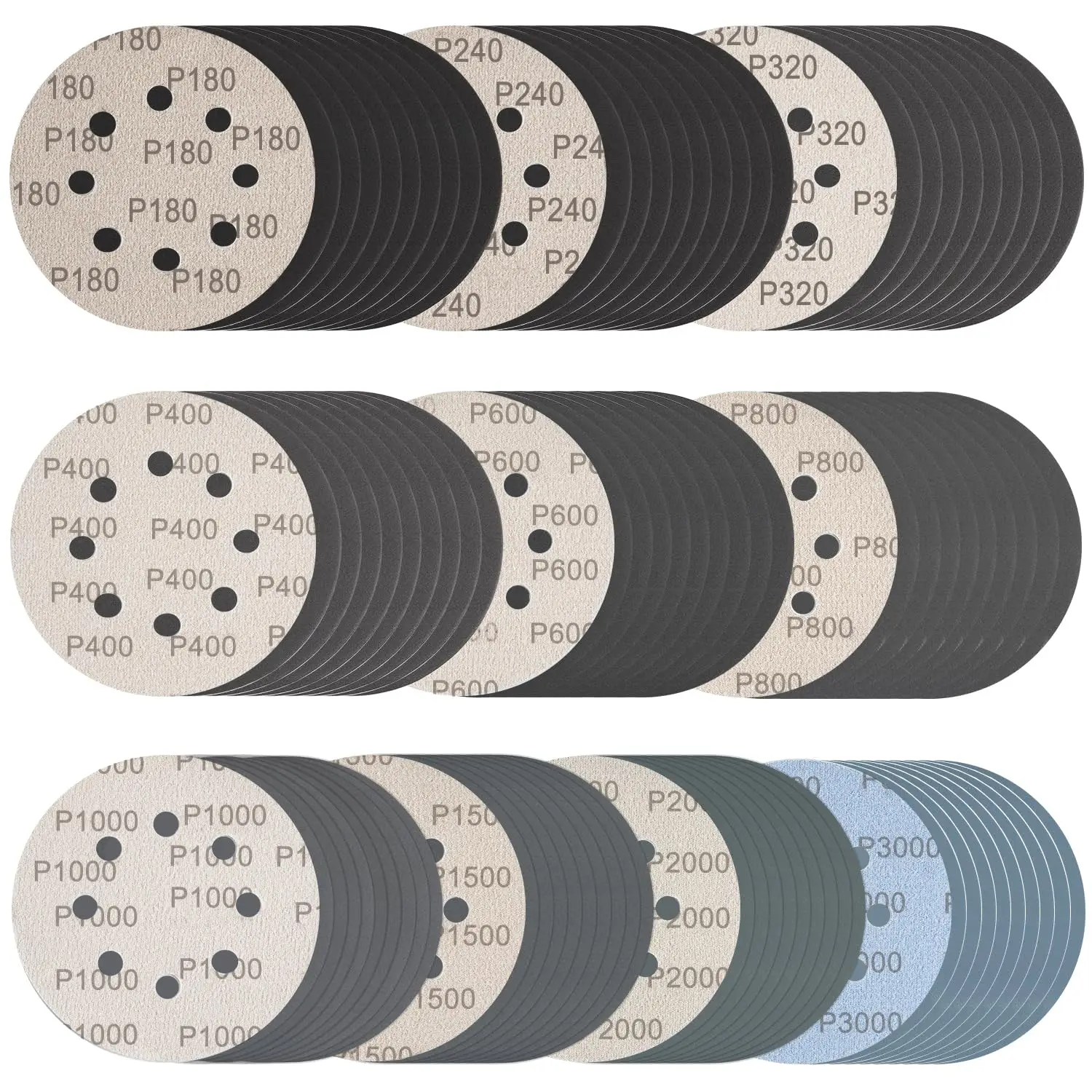 

100 Pcs 5 Inch Sanding Discs Hook & Loop 8 Holes Wet Dry Sandpaper Assortment Grits for Wood Metal Auto