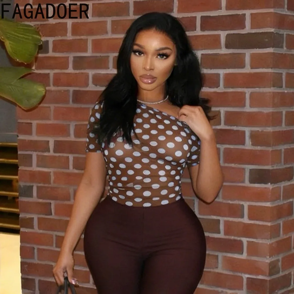 FAGADOER Polka Dot Mesh Two Piece Sets One Off Shoulder See Through Bodysuits Tops and Bodycon Shorts Outfits Streetwear Suits