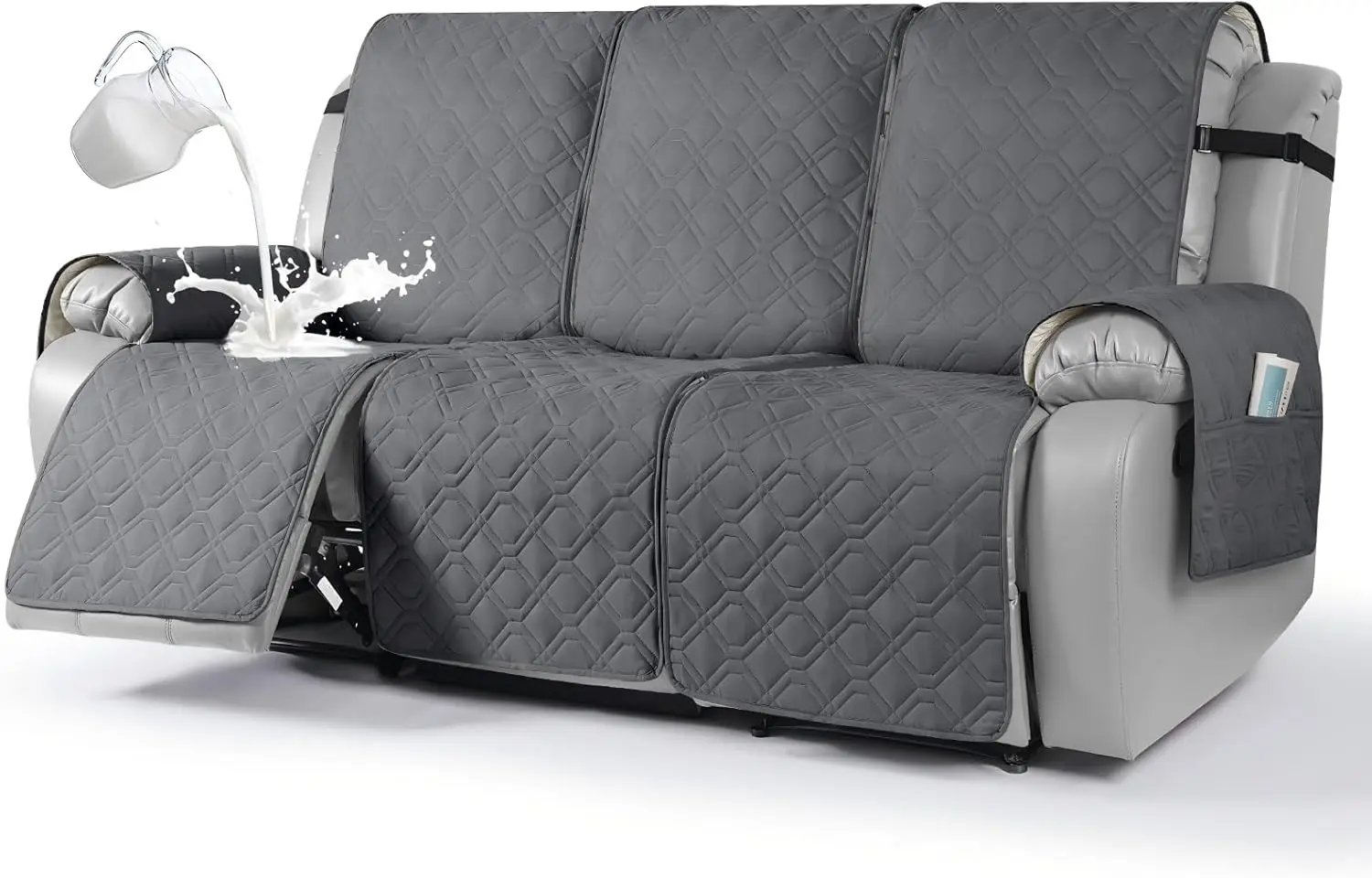 Waterproof Recliner Couch Cover, Washable Non-Slip Furniture Protector with Elastic Straps for Pets, Dark Gray 3-Seater