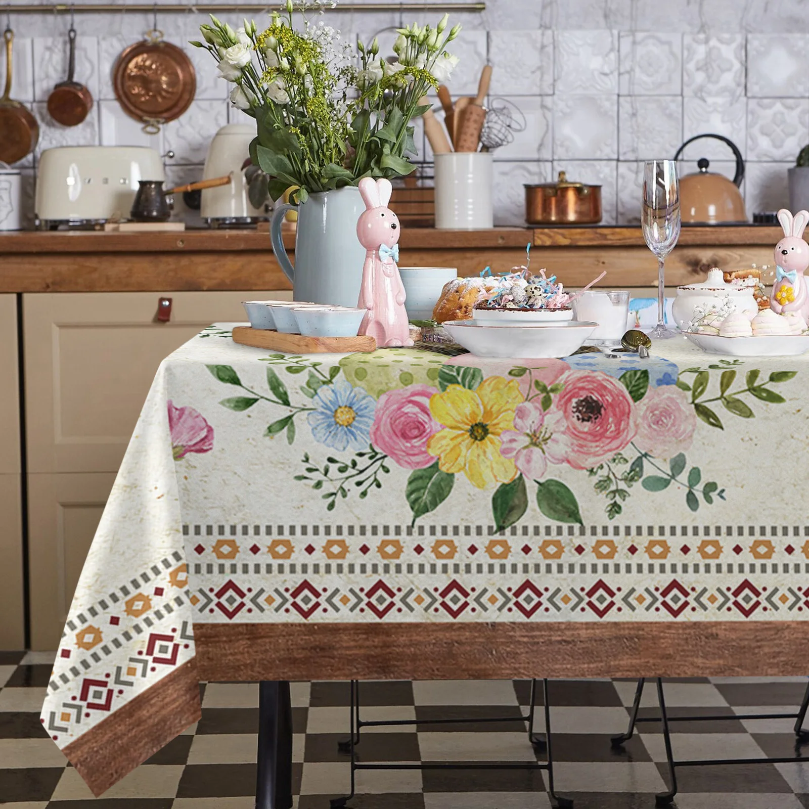 Easter Spring Wild Flowers Rabbit Ears Table Cloth Waterproof Dining Tablecloth Kitchen Decorative Party Table Cover