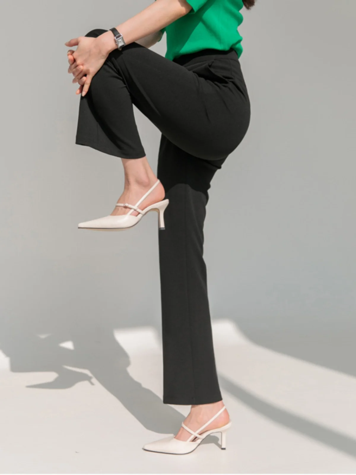 

Black High Waist Wide Leg Pants Women's Slightly Flared Trousers Korean Style Commute Wind Pocket Design Polyester Fiber