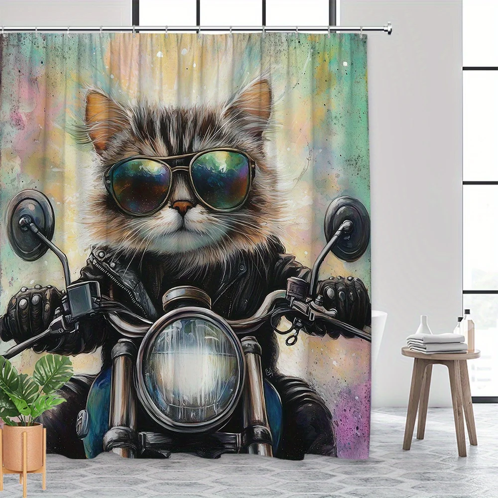 Cool Cat Motorcycle Ride Shower Curtain Funny Lover Bathroom Decor Novelty Shower Curtain Rod Pocket Blackout Curtains Bedroom