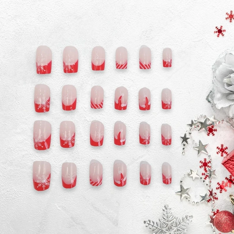 d'ongles à pression festifs noël, 24 pièces, carrés moyens, flocons neige, ongles artificiels pour des vacances