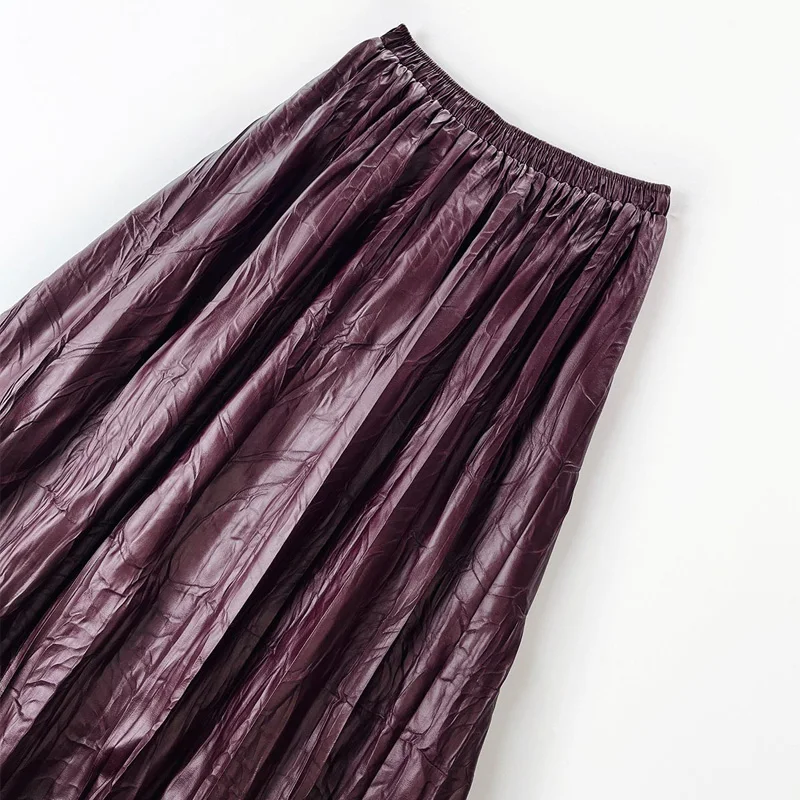 Vintage Purple Faux Leather Long Skirt Women Classic Elegant Soft PU Skirt Winter Ladies Fashion Korean High Waist Pleated Skirt