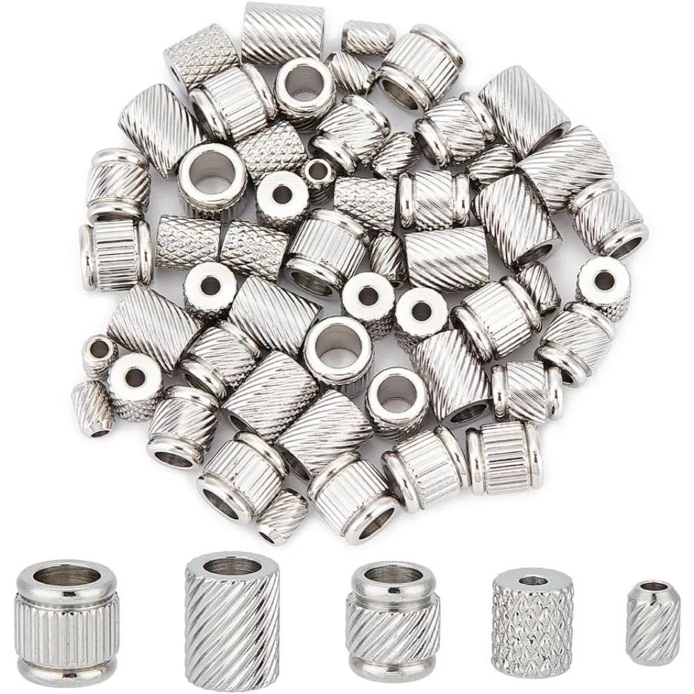 60pcs 5 Styles Paracord Bead Knife Bead Stainless Steel Column Beads Groove Spacer Beads 1.5-5mm Hole Spacer Beads for DIY