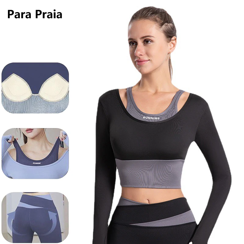 Herbst Winter High Taille Yoga Set Langarm Fitness Weste mit Pads Outfits Sportswear Frauen Sport Leggings BH Gym Workout