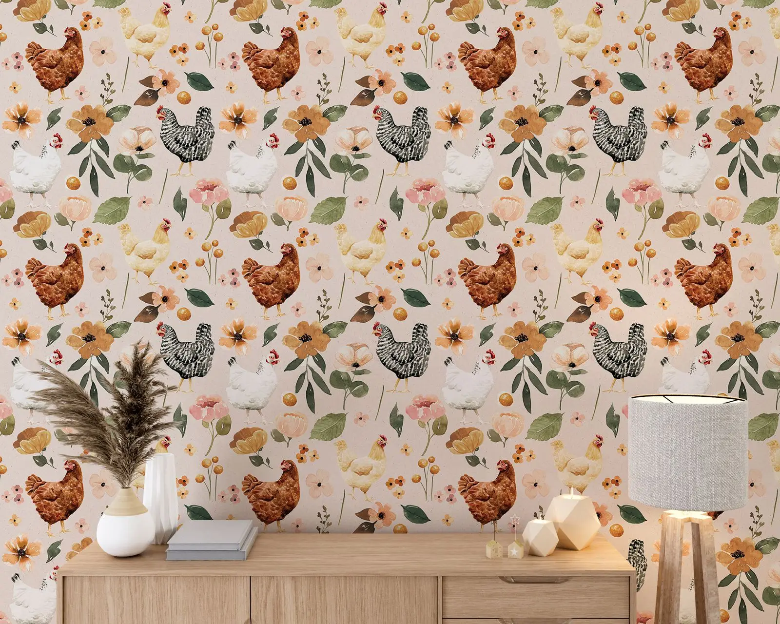 Farmhouse Frango Aquarela Floral Wallpaper, Galinhas pintadas e Galinhas Peel and Stick Wallpaper, Papel de Parede Removível