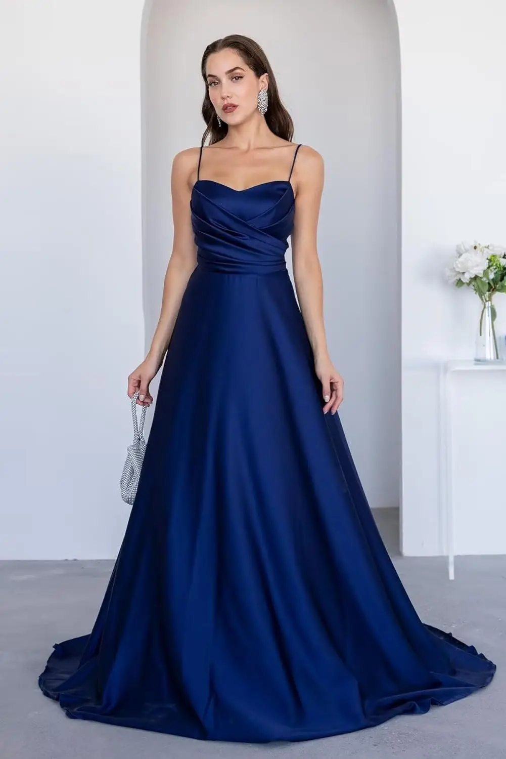 スパゲッティストラップサテンプロムドレス女性用ラッシュロングボールガウンAラインフォーマルガウン2025イブニングドレス