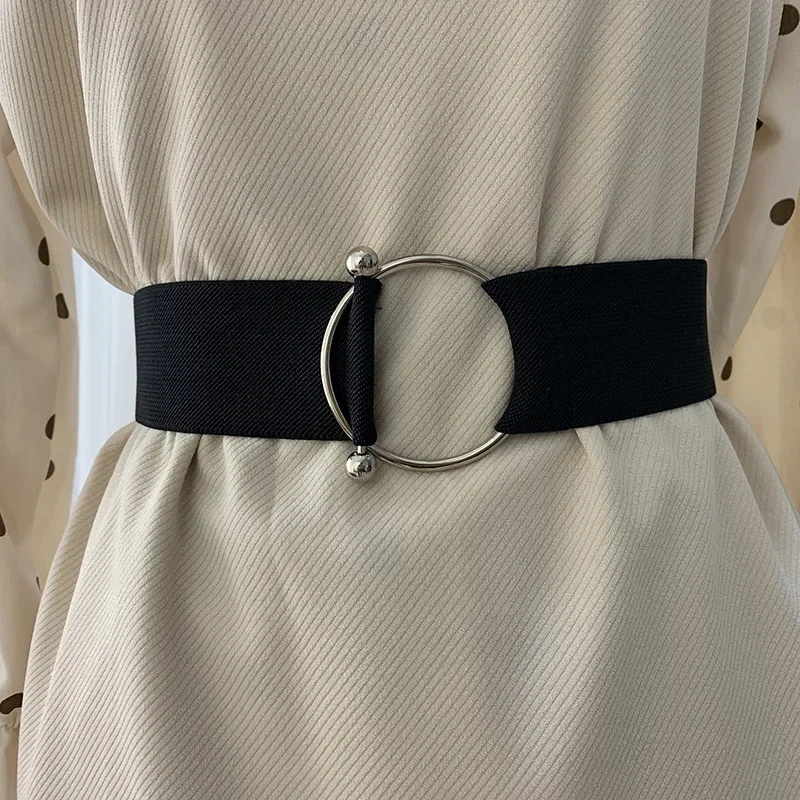 Belts for Women Black Simple Waist Elastic Ladies Band Round Buckle Decoration Coat Sweater Fashion Dress Rice White 63cm