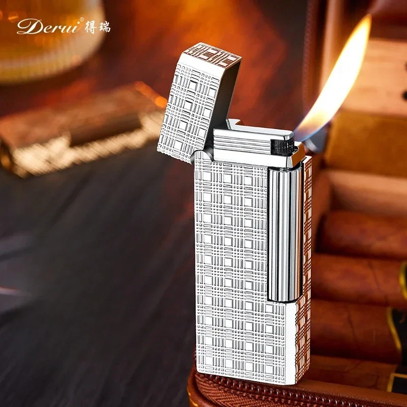 2024 DERUI Metal Retro Mini Oblique Fire Inflatable Lighter Exquisitely Carved Side Pulley Ignite Gas Pipe Lighters Smoking Gift