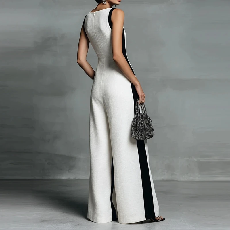 

Fashion Color Blocked Sleeveless Wide Leg Jumpsuits Elegant V-neck Women High Waist Commute Rompers Temperament Pocket Playsuits