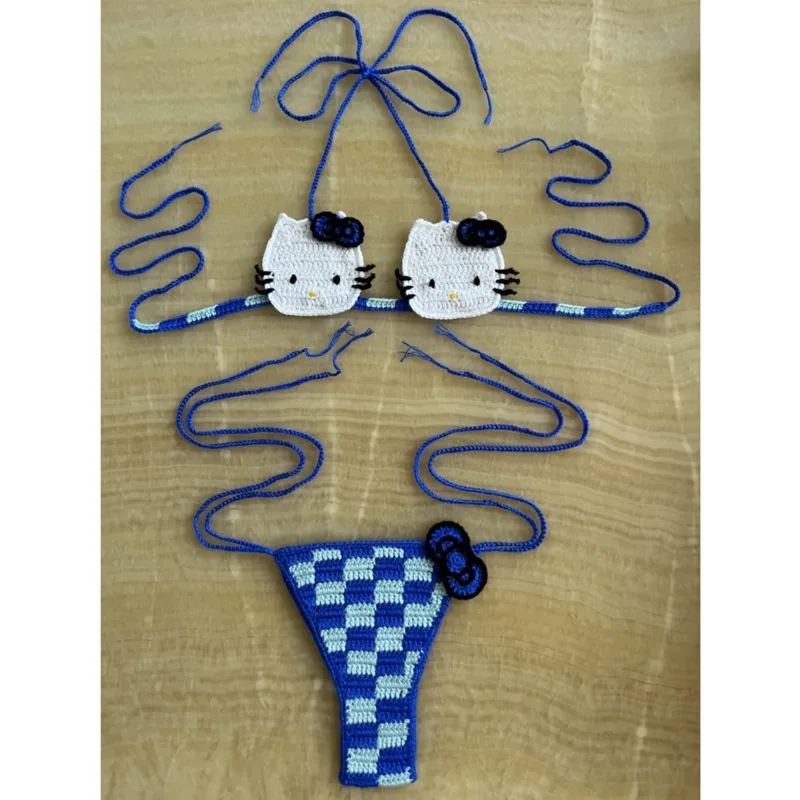 Miniso Hello Kitty Crochet Bikini Set Women Summer Sexy Bathing Suit 2024 Kitty Cat Y2k Swimsuit Thong 2piece Swimming Suits